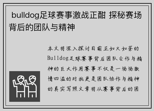  bulldog足球赛事激战正酣 探秘赛场背后的团队与精神