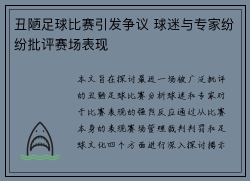 丑陋足球比赛引发争议 球迷与专家纷纷批评赛场表现