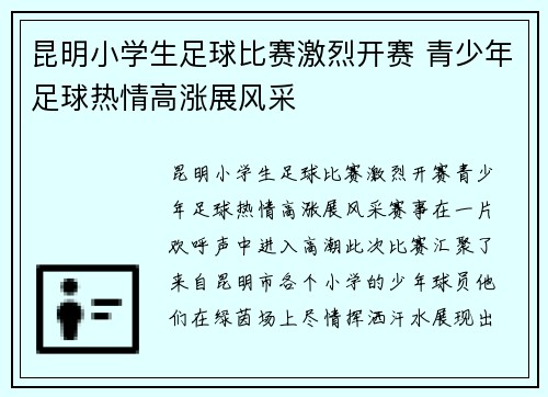 昆明小学生足球比赛激烈开赛 青少年足球热情高涨展风采