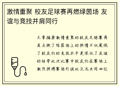 激情重聚 校友足球赛再燃绿茵场 友谊与竞技并肩同行