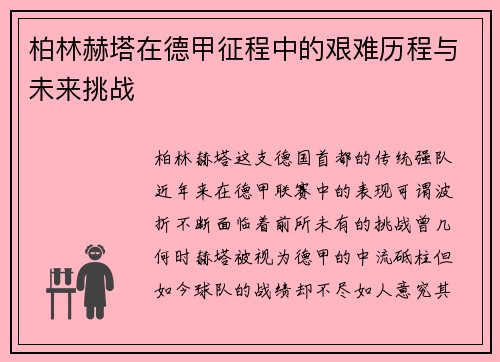 柏林赫塔在德甲征程中的艰难历程与未来挑战