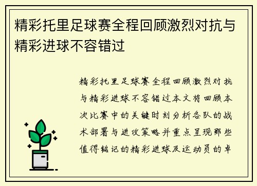 精彩托里足球赛全程回顾激烈对抗与精彩进球不容错过